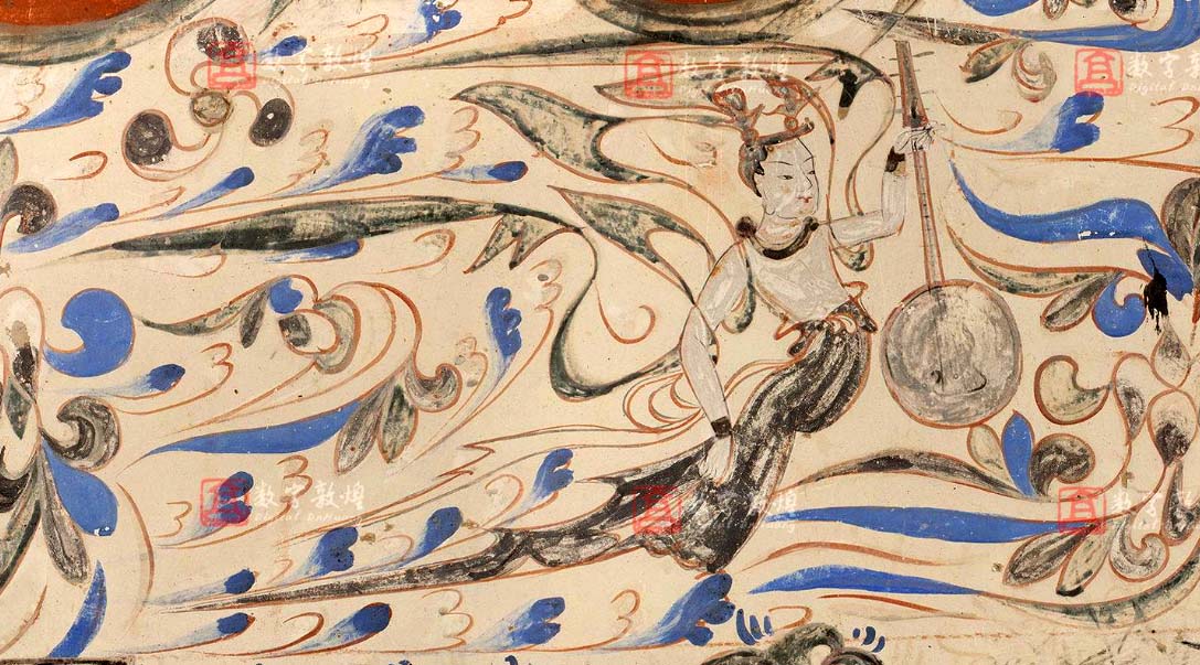 Wall painting. Dunhuang. (538-548) Apsara with a four-stringed lute and circular soundbox, Datong period. Mogao grottoes, cave 285, south wall. 