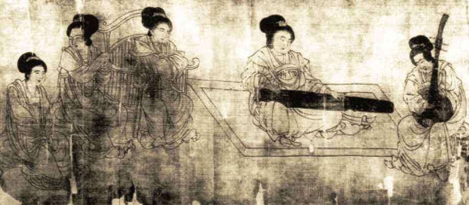 Painting by Zhou Wenju (C. 905), "Scene in the Palace", Five Dynasties (907-960). LIU Dongsheng, Yuan Quanyou, Zhongguo Yinyue Shi Tujian (Illustrated Guide to the History of Chinese Music), Beijing, Renmin Yinyue, 1988, ill. 10.