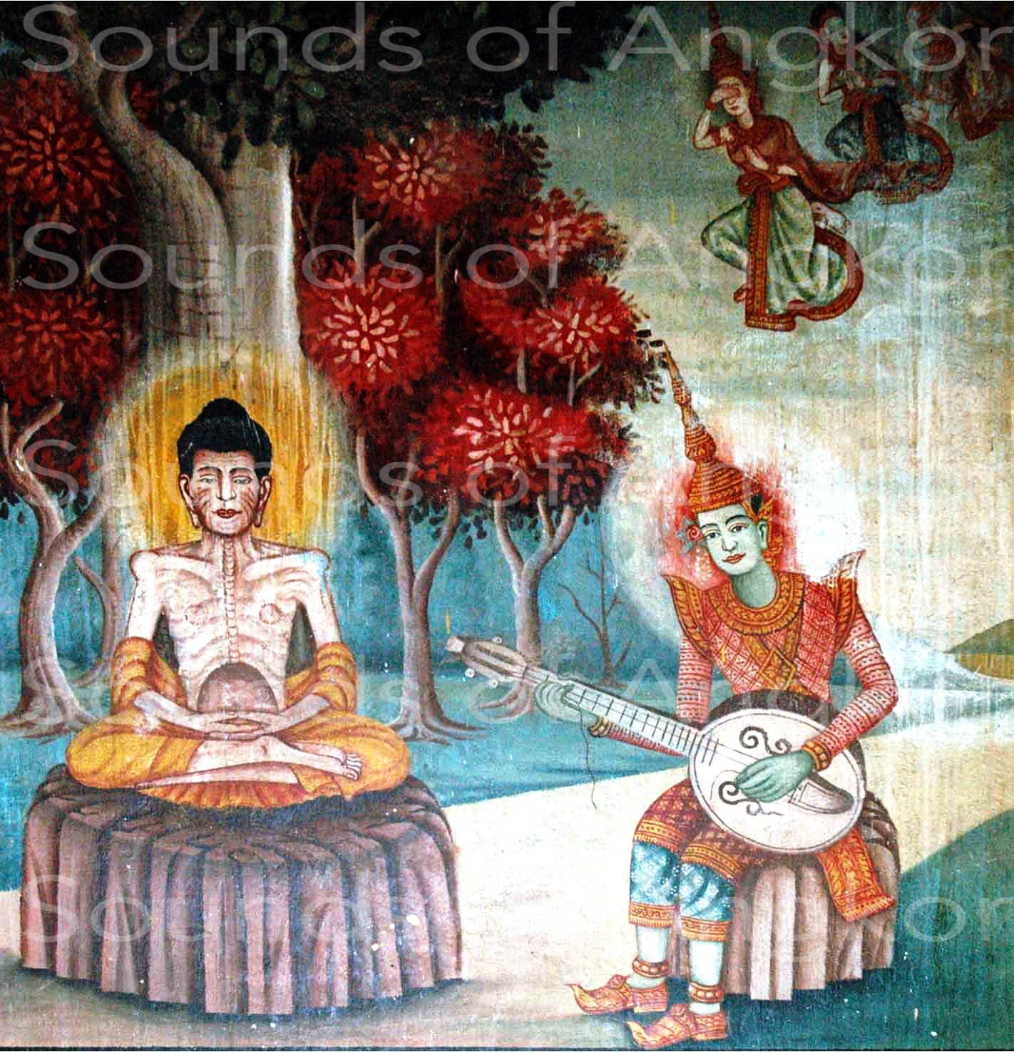 Luth hybride inspiré de la guitare. Vat Peam Mongkol (Roka Kaong Muoy, Dist. Mukh Kampul, Prov. Kandal). Peinture de 1949. © Danielle Guéret 2011