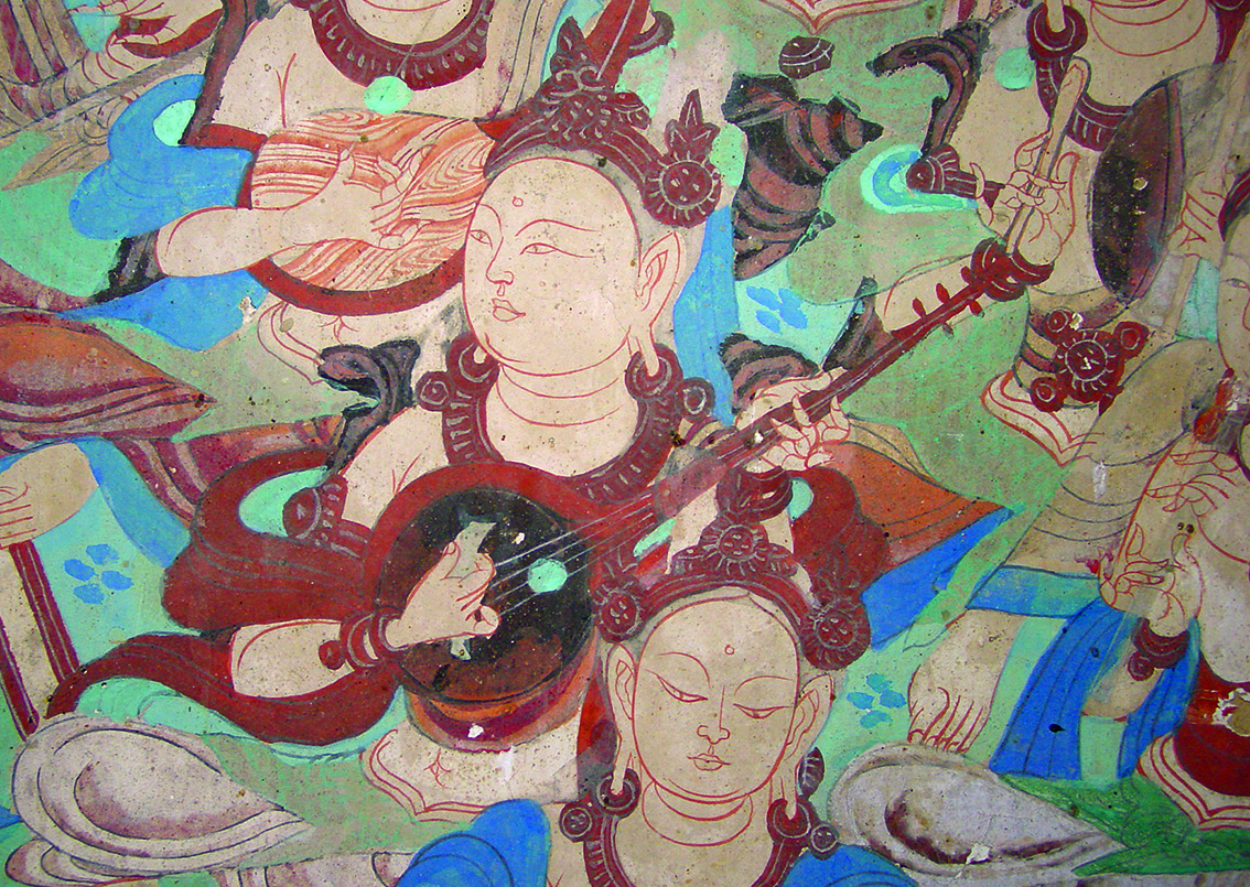 Wall painting. Four stringed & round-shaped soundbox lute. Late Tang dynasty (848–907 CE). Mogao grottoes, cave 85 - Dunhuang.