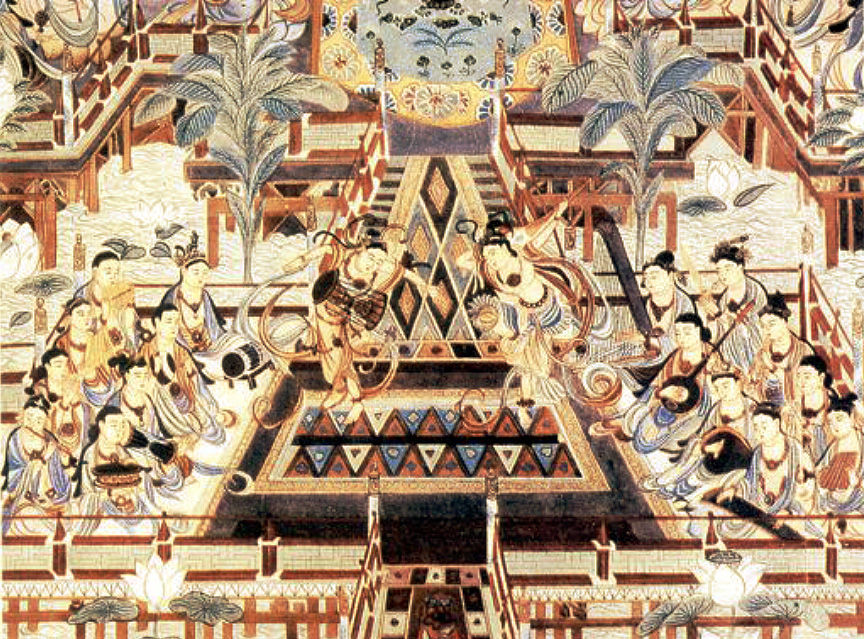 Peinture murale. Dunhuang, époque Tang (618-907). LIU Dongsheng, Yuan Quanyou, Zhongguo yinyue shi tujian (Guide illustré de l'histoire de la musique chinoise), Beijing, Renmin yinyue, 1988, III.9 p.80