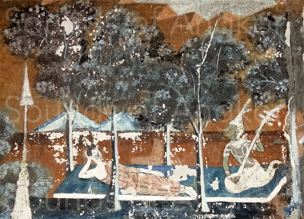 Indra in the scene of "The lesson of the three strings" under the entrance porch.