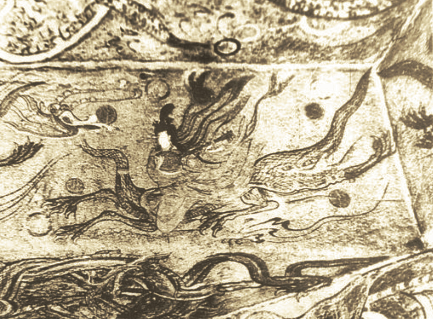 Peinture murale. Tombe de Ji’an, province du Liaoning, Liaoning Ji’an gumo bihua, IV—Ve siècle, ange chevauchant un dragon en jouant du luth à long manche et caisse ronde. LIU Dongsheng, Yuan Quanyou, Zhongguo yinyue shi tujian…
