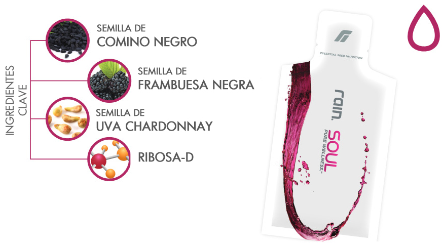 Ingredientes de Soul de Rain International Colombia, semillas de comino negro, frambuesa negra, uva chardonnay y ribosa-d