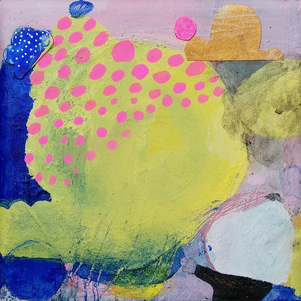 Acrylfarben, Tusche, Collage auf Leinwand, 13x13 cm, 2021