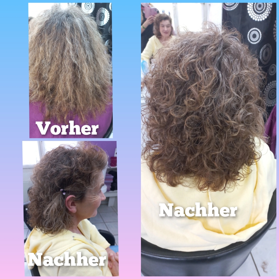 Guter Schnitt und schöne Dauerwellen von mir.   Auch hier rettet das Schutzschild für ihre Haare, die Haare. Sie waren leider von der Coiffeuse vorher sehr verbrennt von der Dauerwelle.