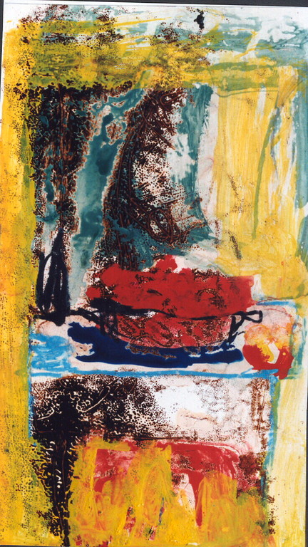 "nature morte aux tomates", 1994, 16x30, monotypes, tempera sur papier  ©