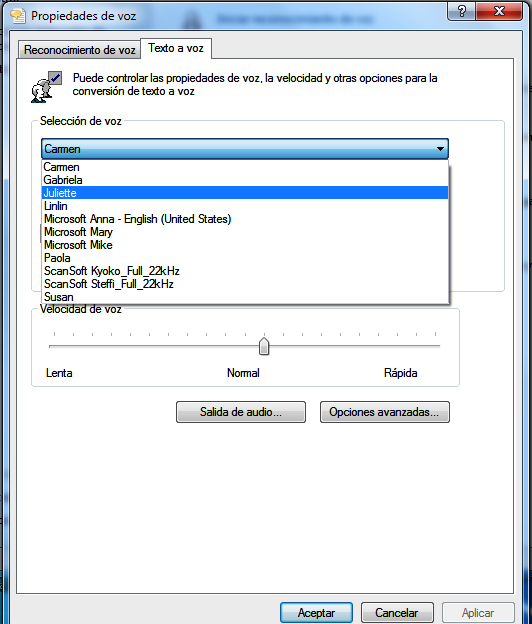 Para acceder a esta ventana, abra el Panel de Control luego seleccione Reconocimieno de Voz