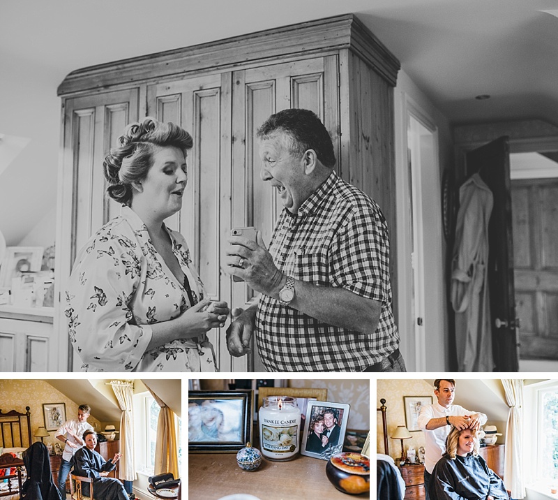 Collage of bridal prep moments from a garden wedding in Lancashire