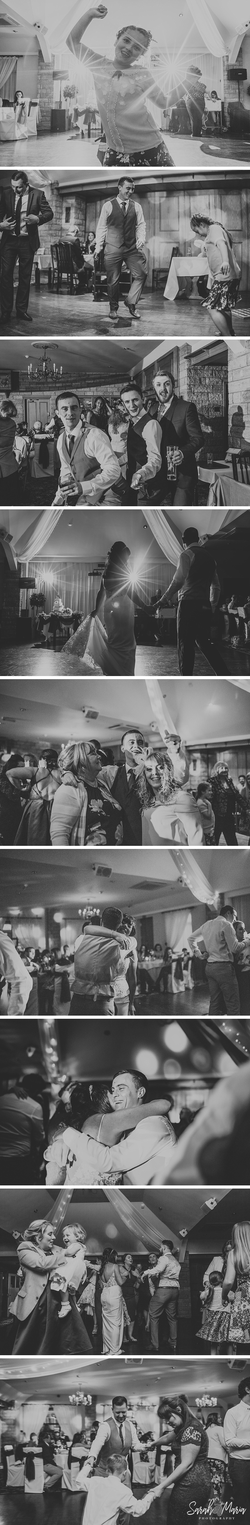 black and white photographs of wedding guests having fun and dancing