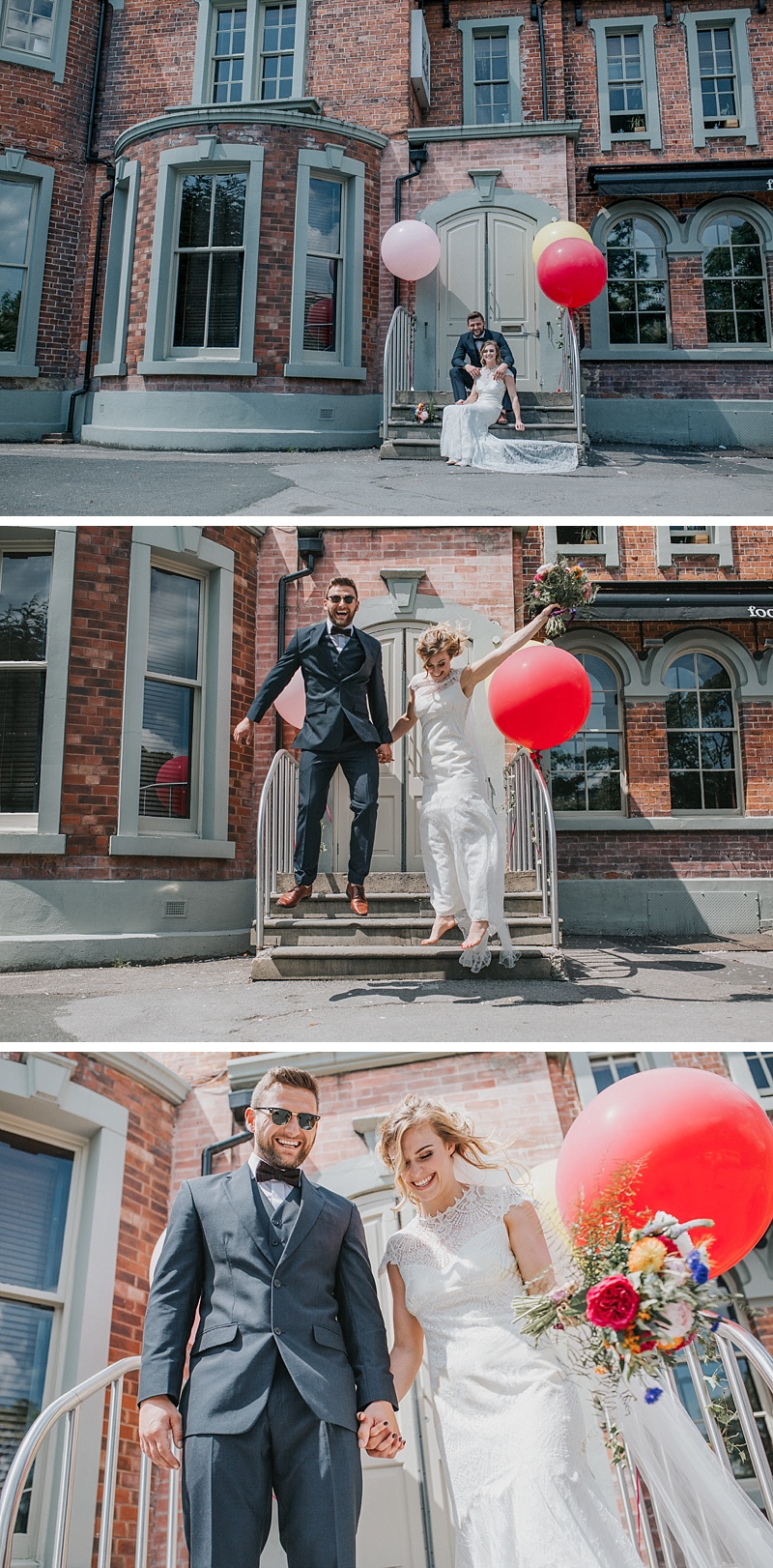 bride and groom portraits at the front of the faversham wedding venue in Leeds