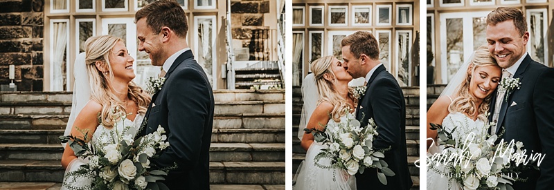 bride and groom portraits on the steps of west tower