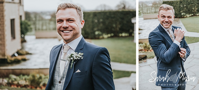 two portraits of a groom in a blue suit on his wedding day