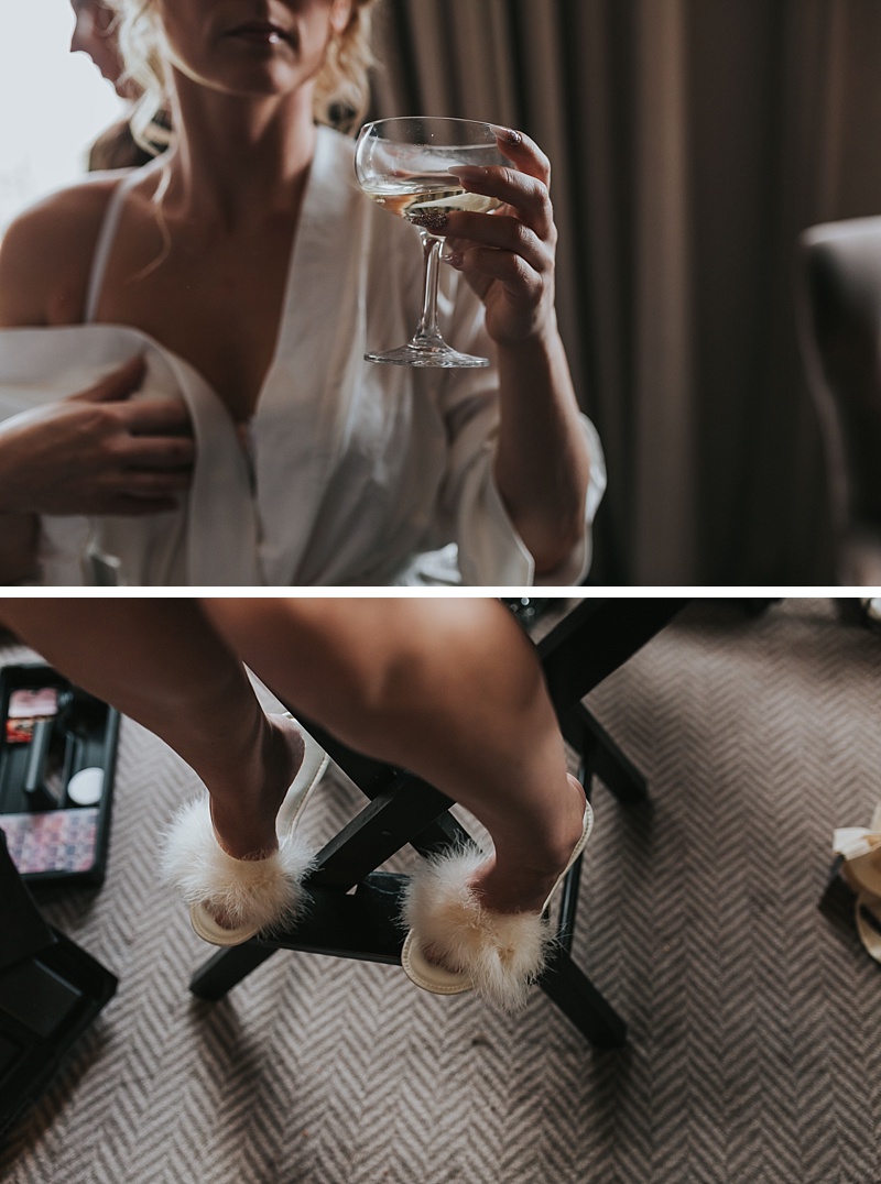 champagne glass and fluffy marabou slippers
