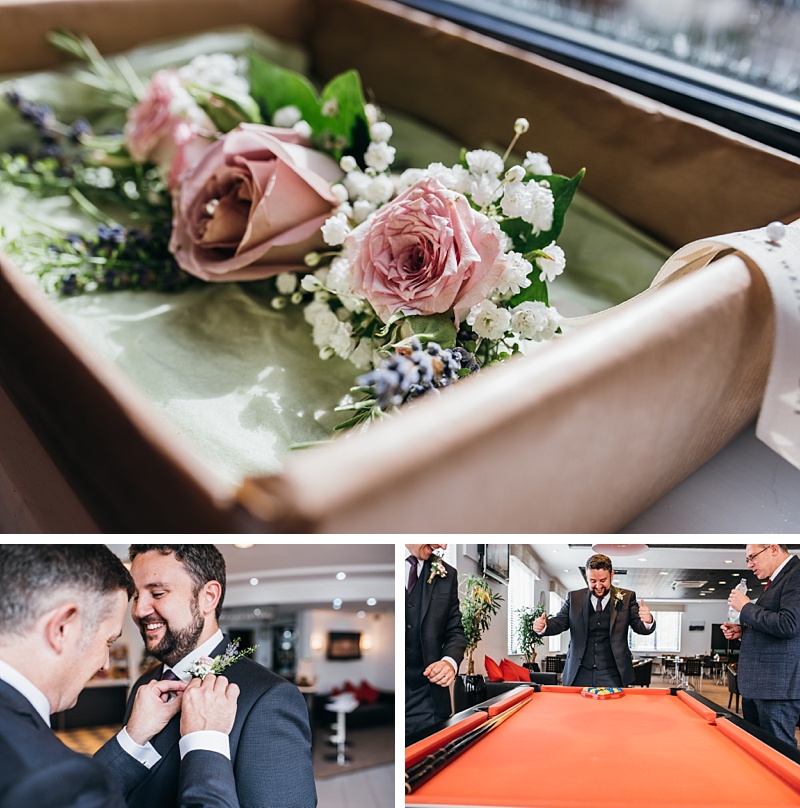 A collage of groom prep photographs from the ibis hotel in Preston