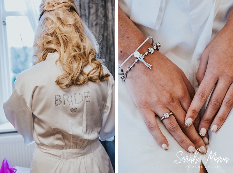 Details of a bride on her wedding day. Dressing gown and her something blue bracelet