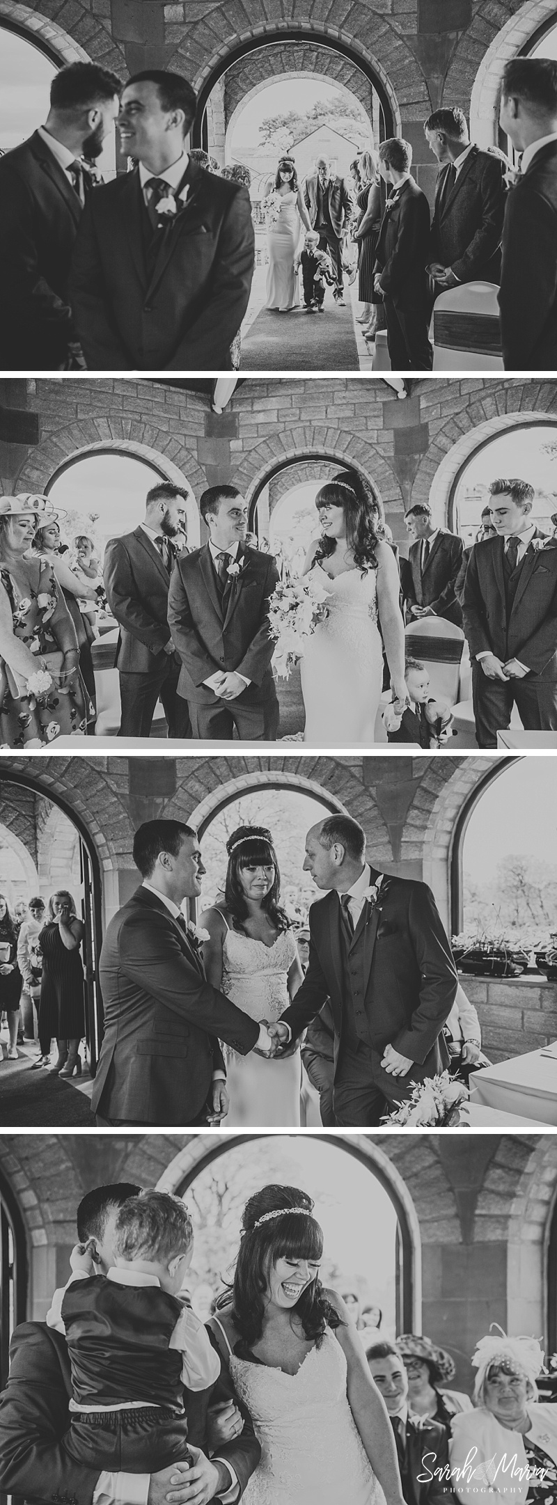photographs of a bride walking up the aisle and during the ceremony of the wedding inside the dovecote at Ferraris country house