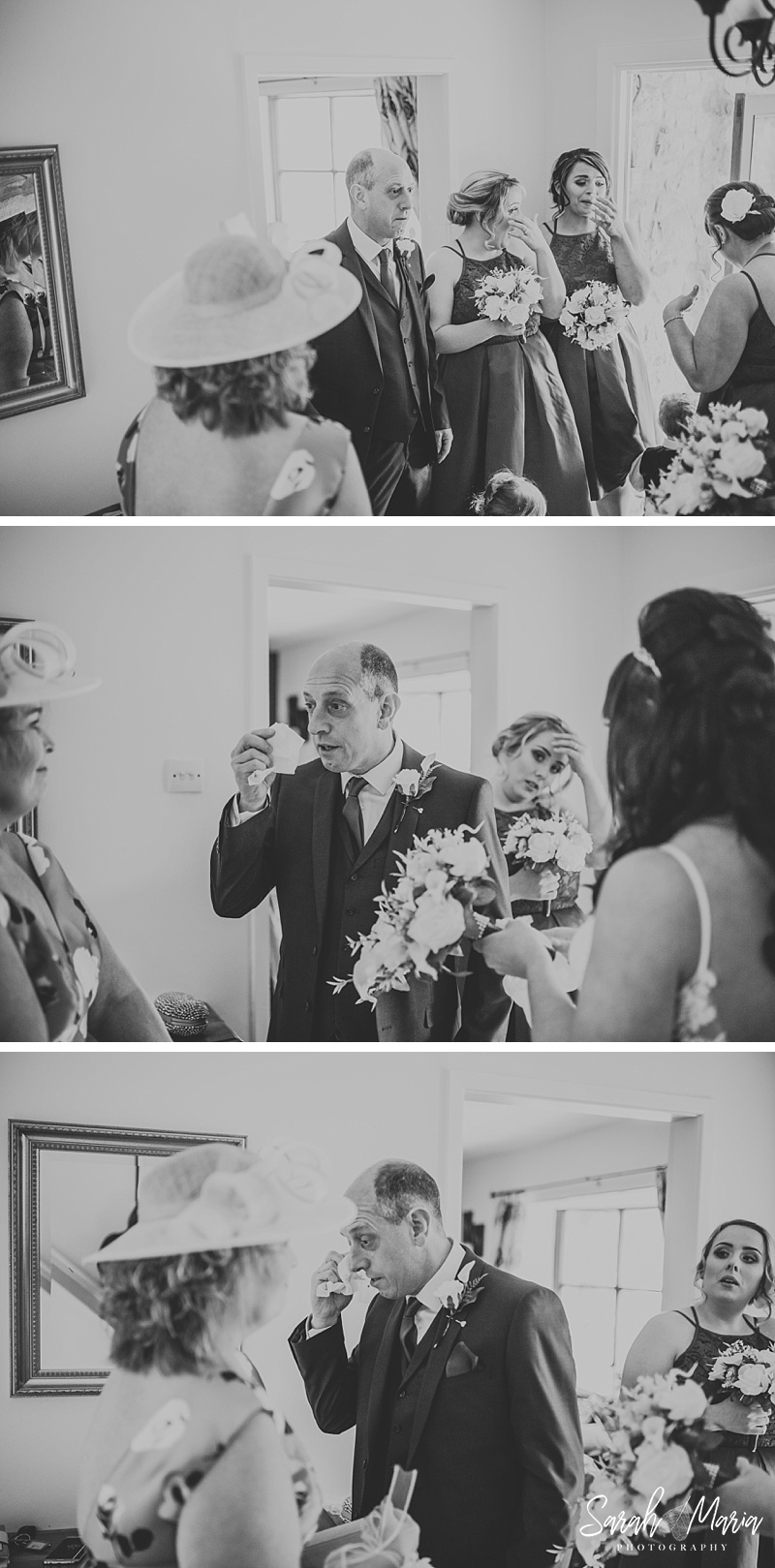 black and white photographs of a father of the bride crying in reaction to seeing his daughter for the first time