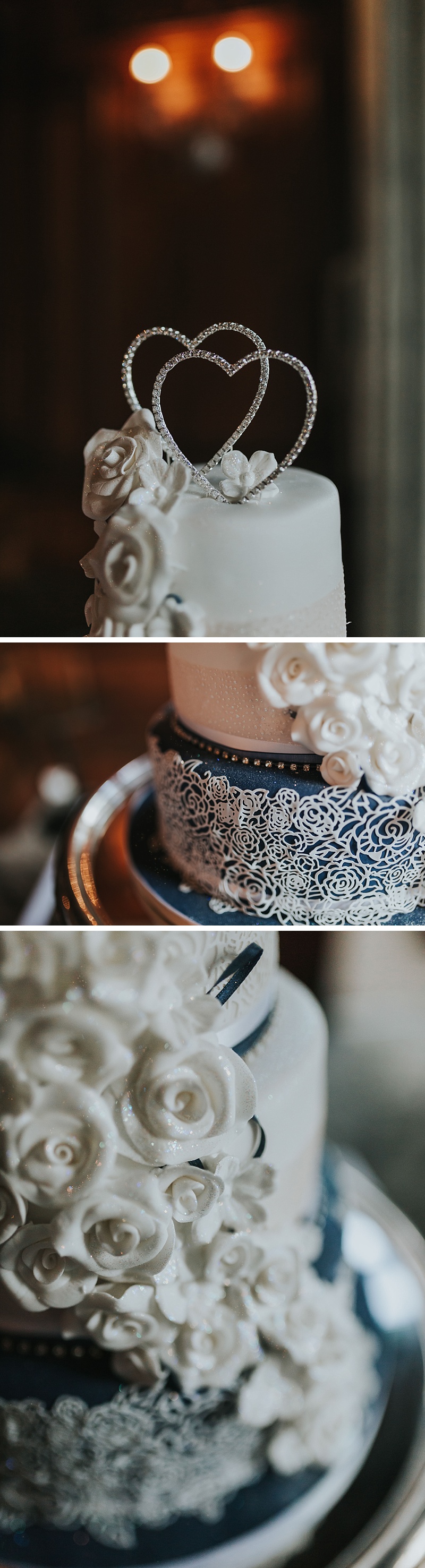 wedding cake details. Navy and white with a double heart topper