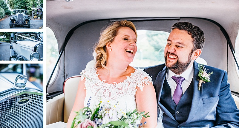 Bramwith wedding car details and a portrait of the bride and groom in the back seat