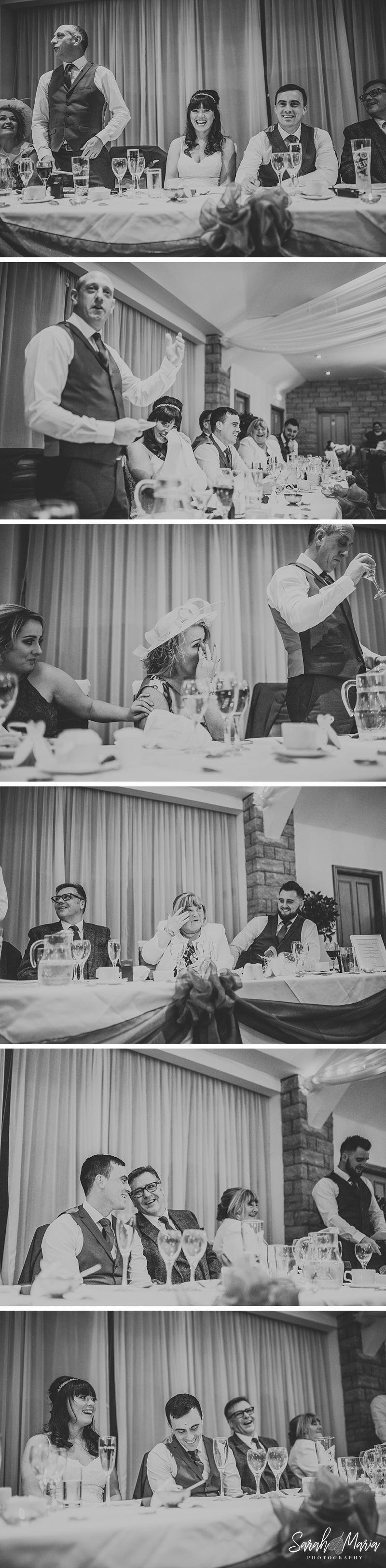 black and white photographs of guests during speeches at Ferraris country house hotel