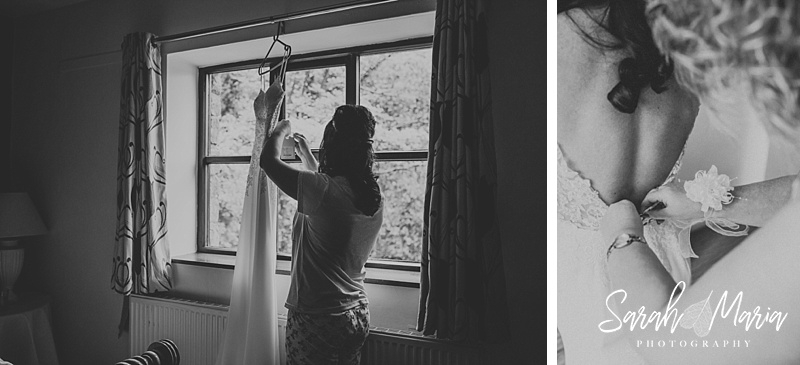 two black and white photographs of a bride getting dressed into her wedding dress