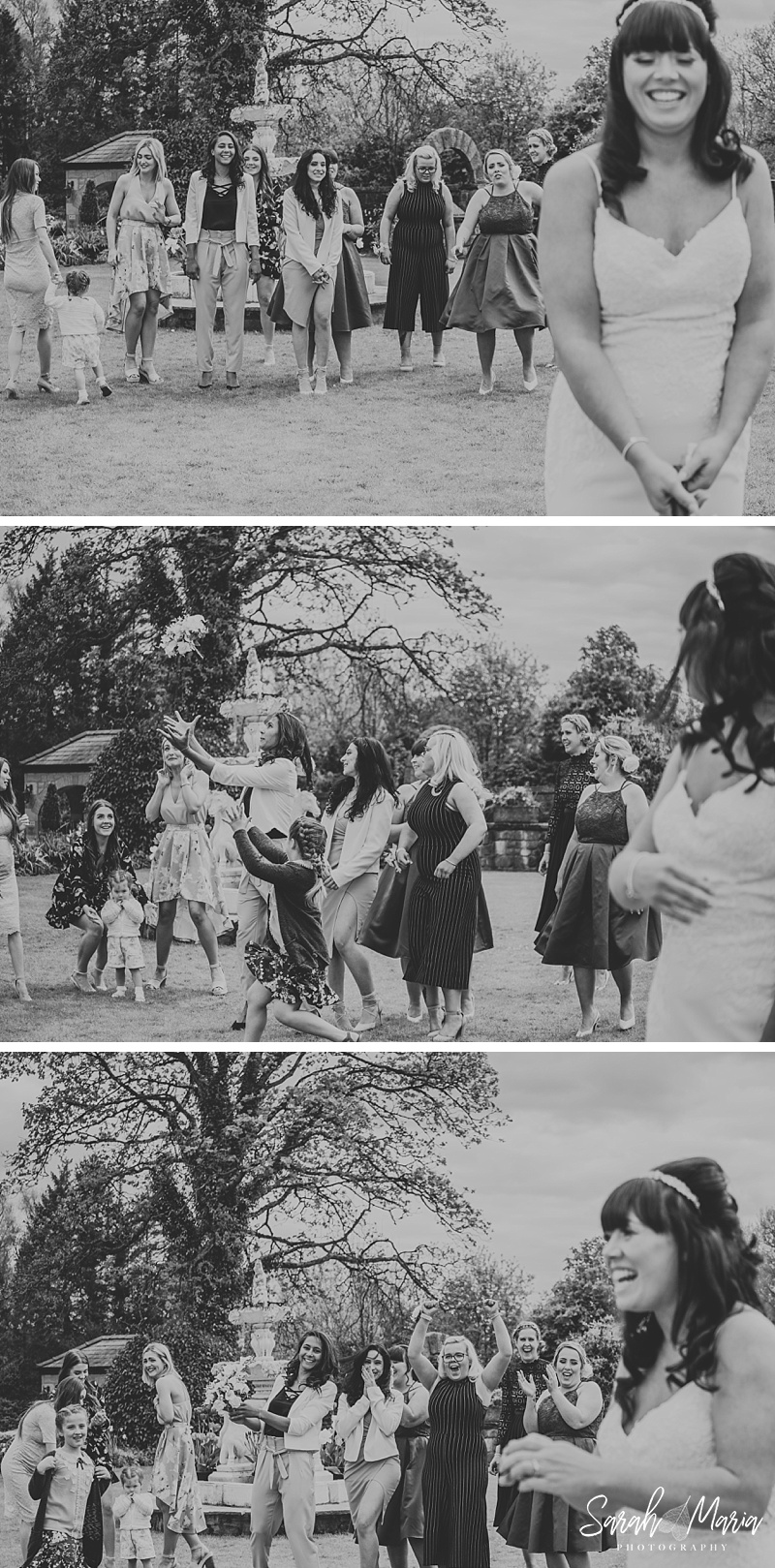 black and white photos of a bride throwing her bouquet to guests