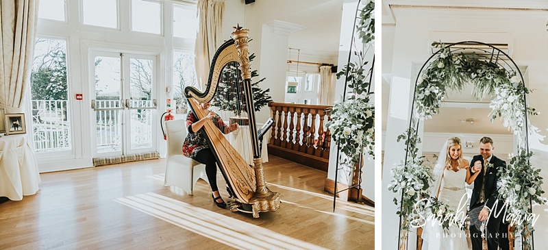 harpist playing as bride and groom leave the wedding ceremony