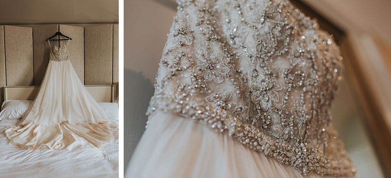 mori lee wedding dress hung up and a close up of the detailing