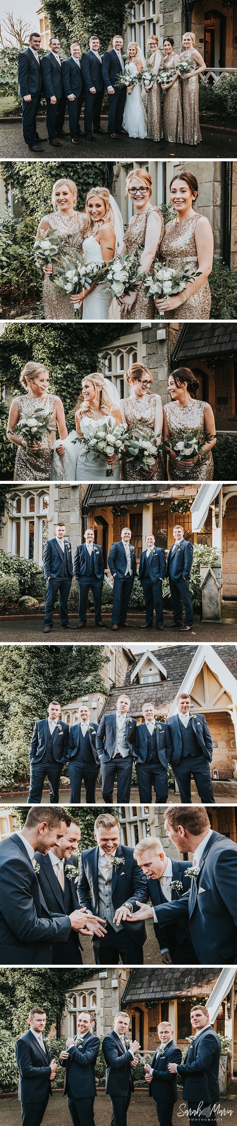 group portraits of bride, groom, groomsmen and bridesmaids