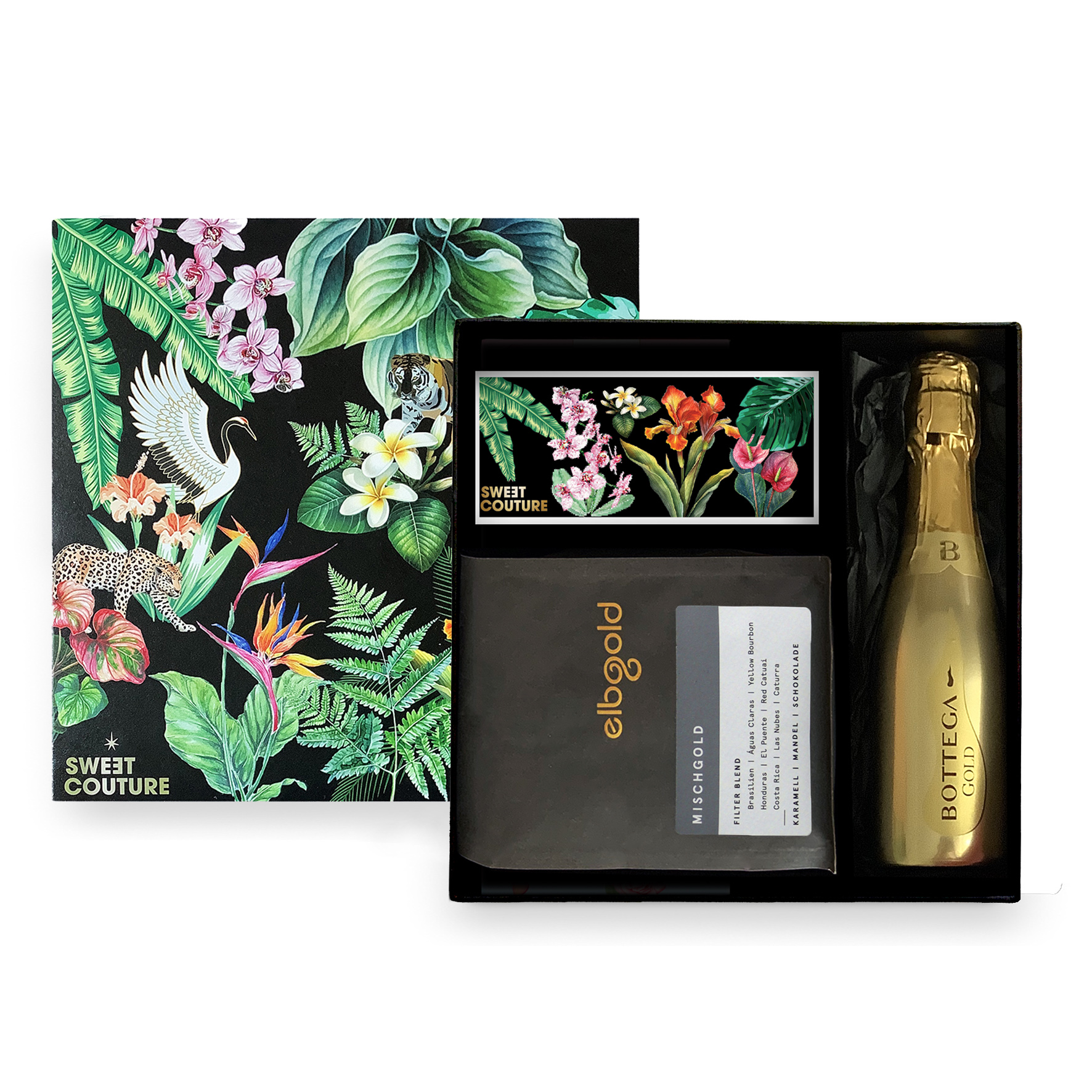 Florales Geschenke-Set mit Pralinen, Bottega Prosecco & Elbgold Espresso