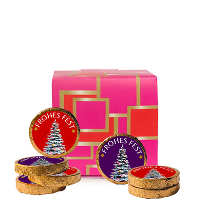 Goldene Schokoladentaler mit Weihnachtsmotiv  in pinker Geschenk Box