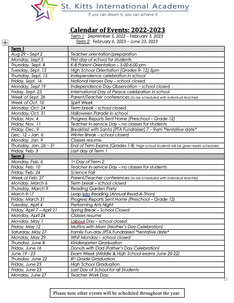 2021-2022 School Calendar - St. Kitts International Academy