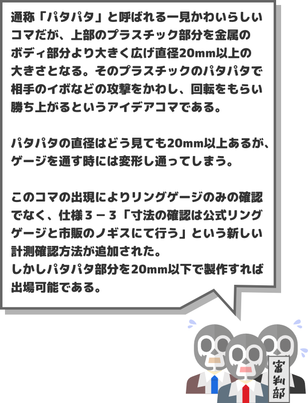 通称「パタパタ」と呼ばれる一見かわいらしい コマだが、上部のプラスチック部分を金属の ボディ部分より大きく広げ直径20mm以上の 大きさとなる。そのプラスチックのパタパタで 相手のイボなどの攻撃をかわし、回転をもらい 勝ち上がるというアイデアコマである。  パタパタの直径はどう見ても20mm以上あるが、 ゲージを通す時には変形し通ってしまう。  このコマの出現によりリングゲージのみの確認 でなく、仕様３－３「寸法の確認は公式リング ゲージと市販のノギスにて行う」という新しい 計測確認方法が追加された。