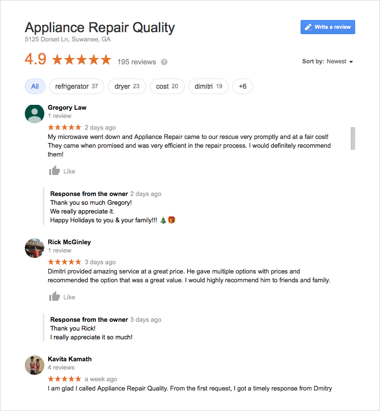 Google Reviews Appliance Repair Quality