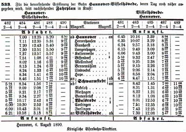 Fahrplan, veröffentlicht im Amtsblatt vom 15. August 1890