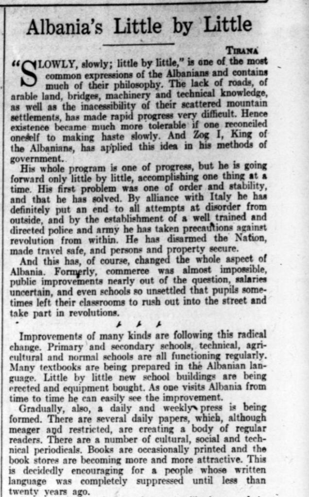 Burimi : The Christian Science Monitor, e hënë, 21 janar 1930, faqe n°20