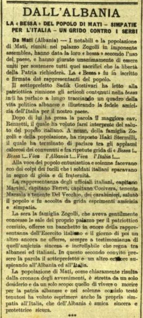 Burimi : Il Popolo Romano, e premte, 16 maj 1919, ballinë