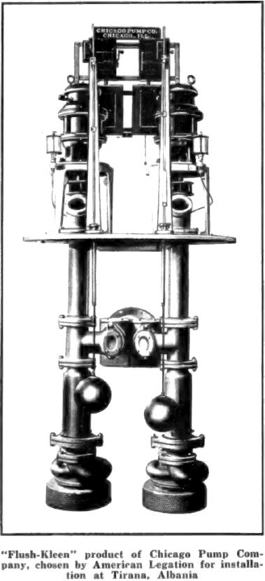 Produkt “Flush-Kleen” i Chicago Pump Company, i zgjedhur nga Legata Amerikane për instalim në Tiranë, Shqipëri – Burimi : Municipal News and Water Works, shkurt 1929, f.34