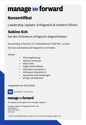 Kurszertifikat "Erfolgreich und modern führen" von manage forward für Sabine Eck