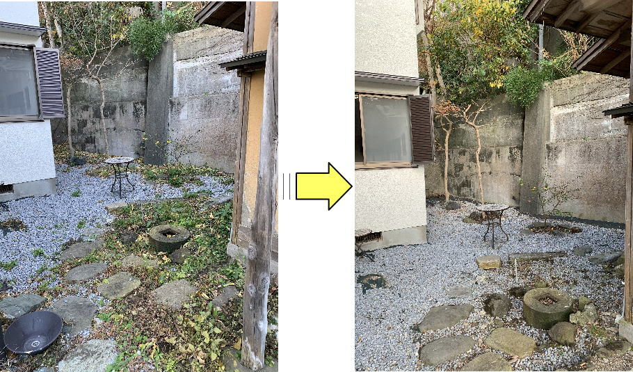 防草シート上の草の除草作業