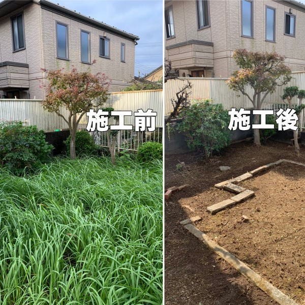 ▲雑草のカヤはびこるお庭の草刈り作業