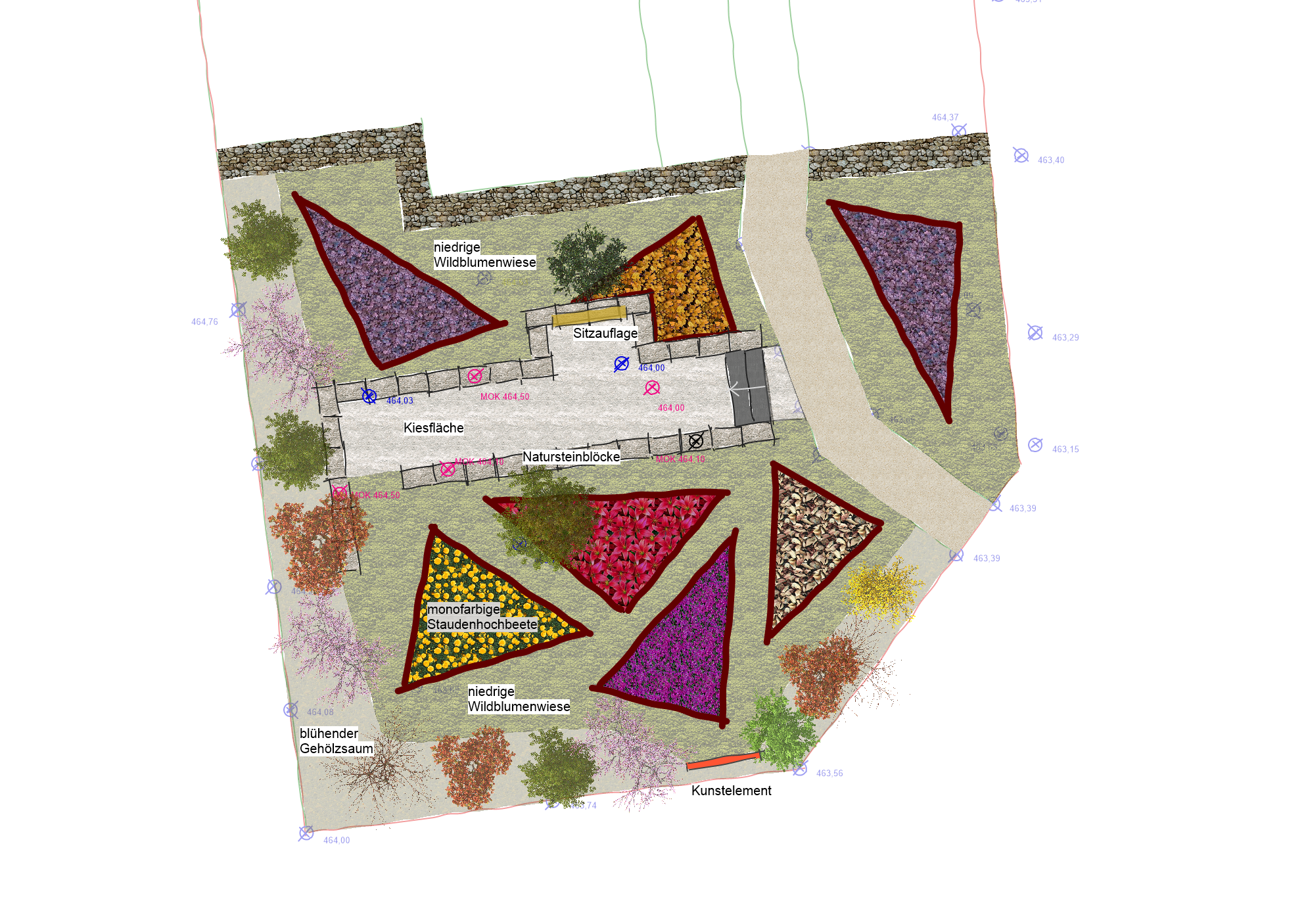 Alternative 4: Pflanzdreiecke mit Sitzmauer