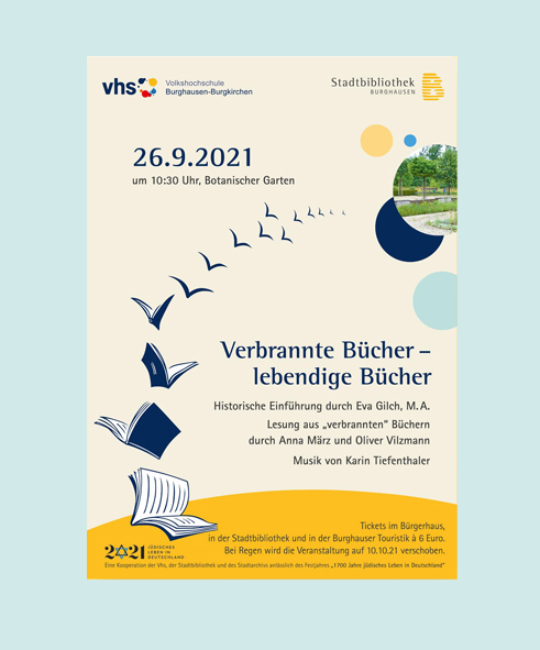 Plakat Verbrannte Bücher, vhs-Burghausen, Stadtbibliothek Burghausen, Eptember, 2021