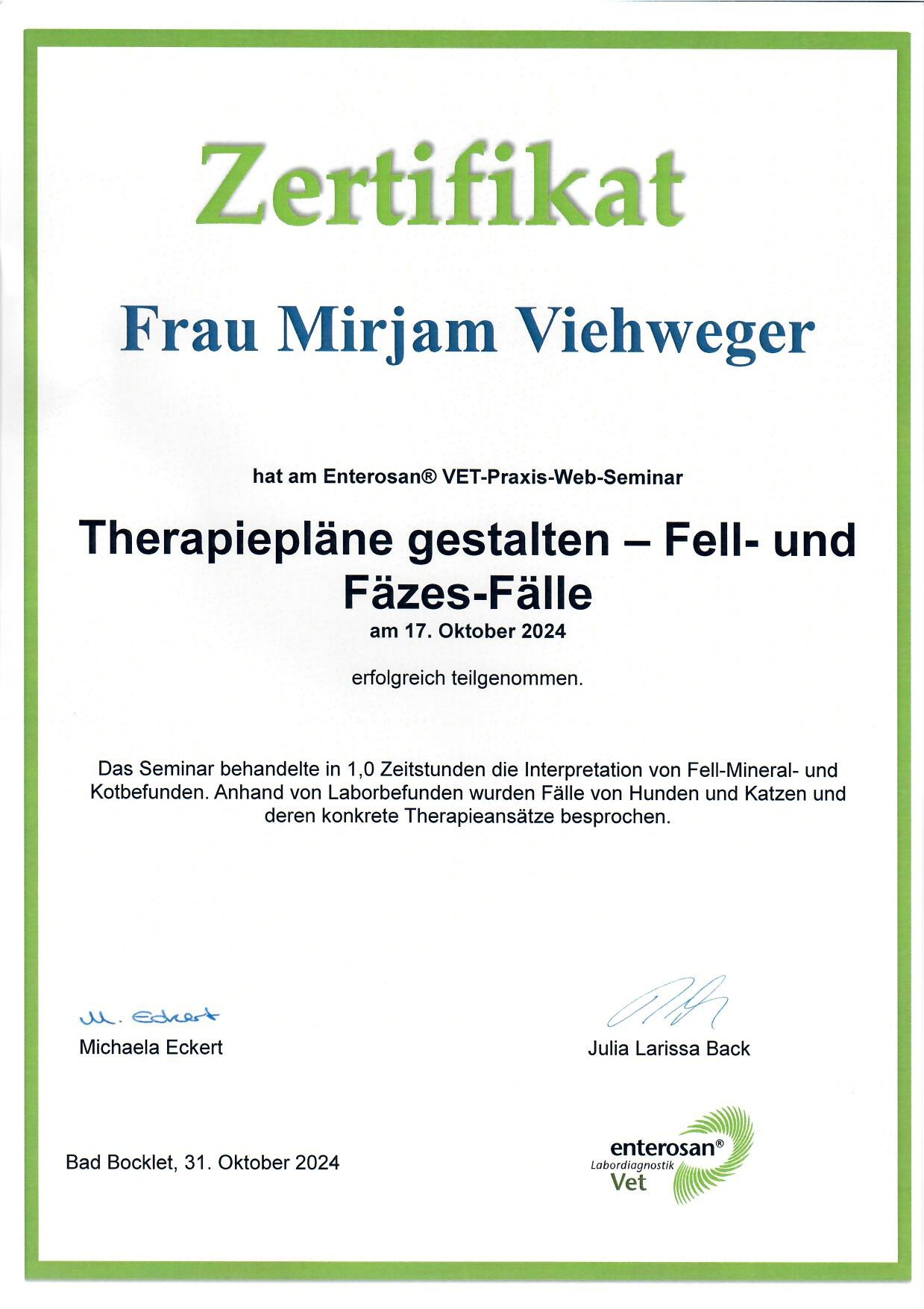 Zertifikat: Therapiepläne gestalten - Fell- und Fäzes-Fälle