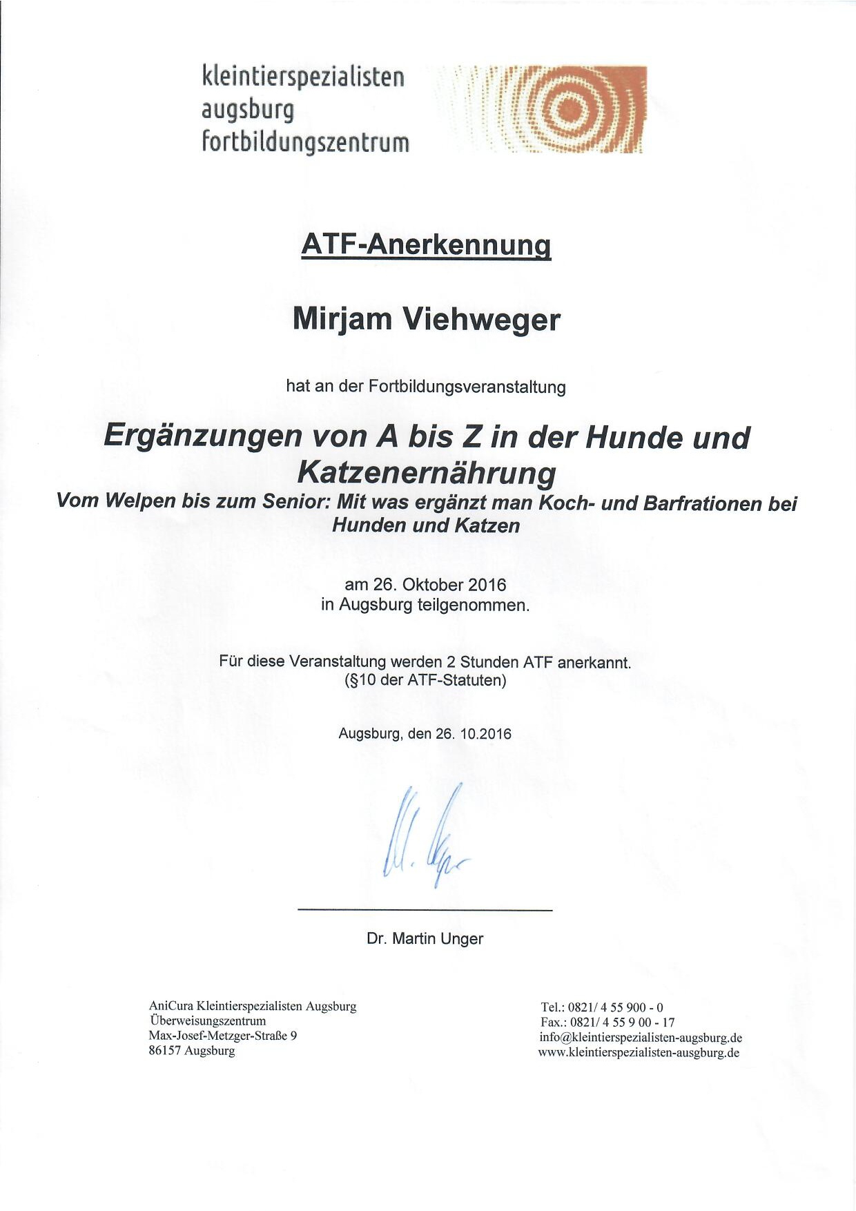 Zertifikat: Ergänzungen von A - Z in der Hunde- und Katzenernährung
