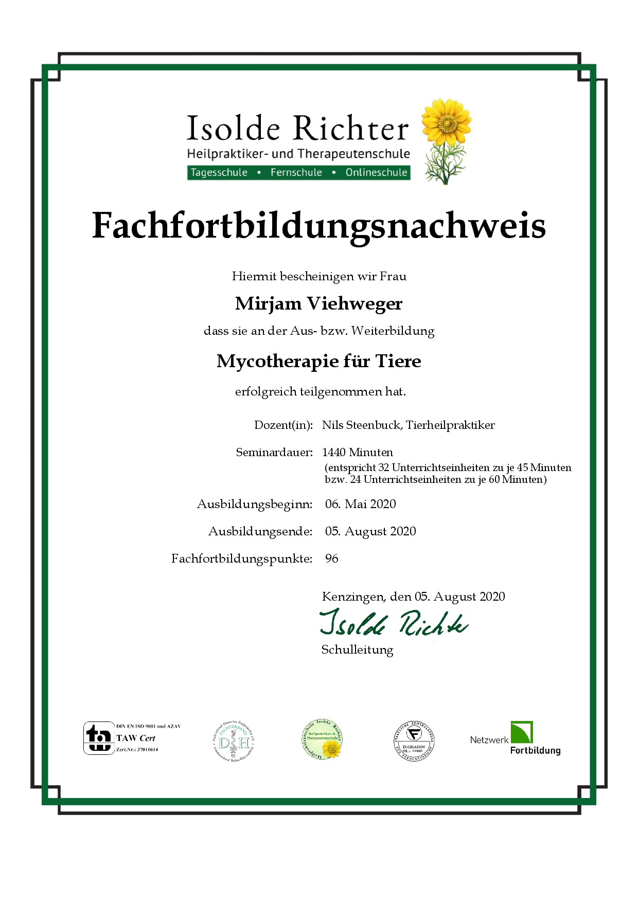 Zertifikat: Mycotherapie für Tiere