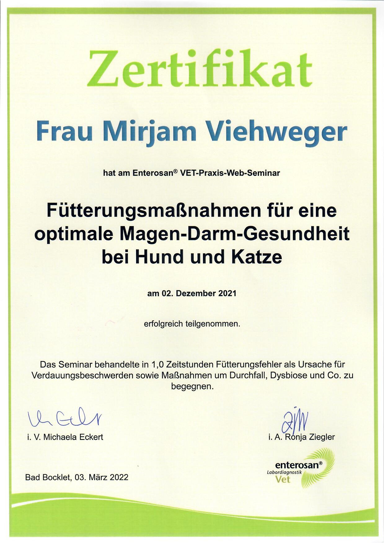 Zertifikat: Fütterungsmaßnahmen für eine optimale Magen-Darm-Gesundheit bei Hund und Katze