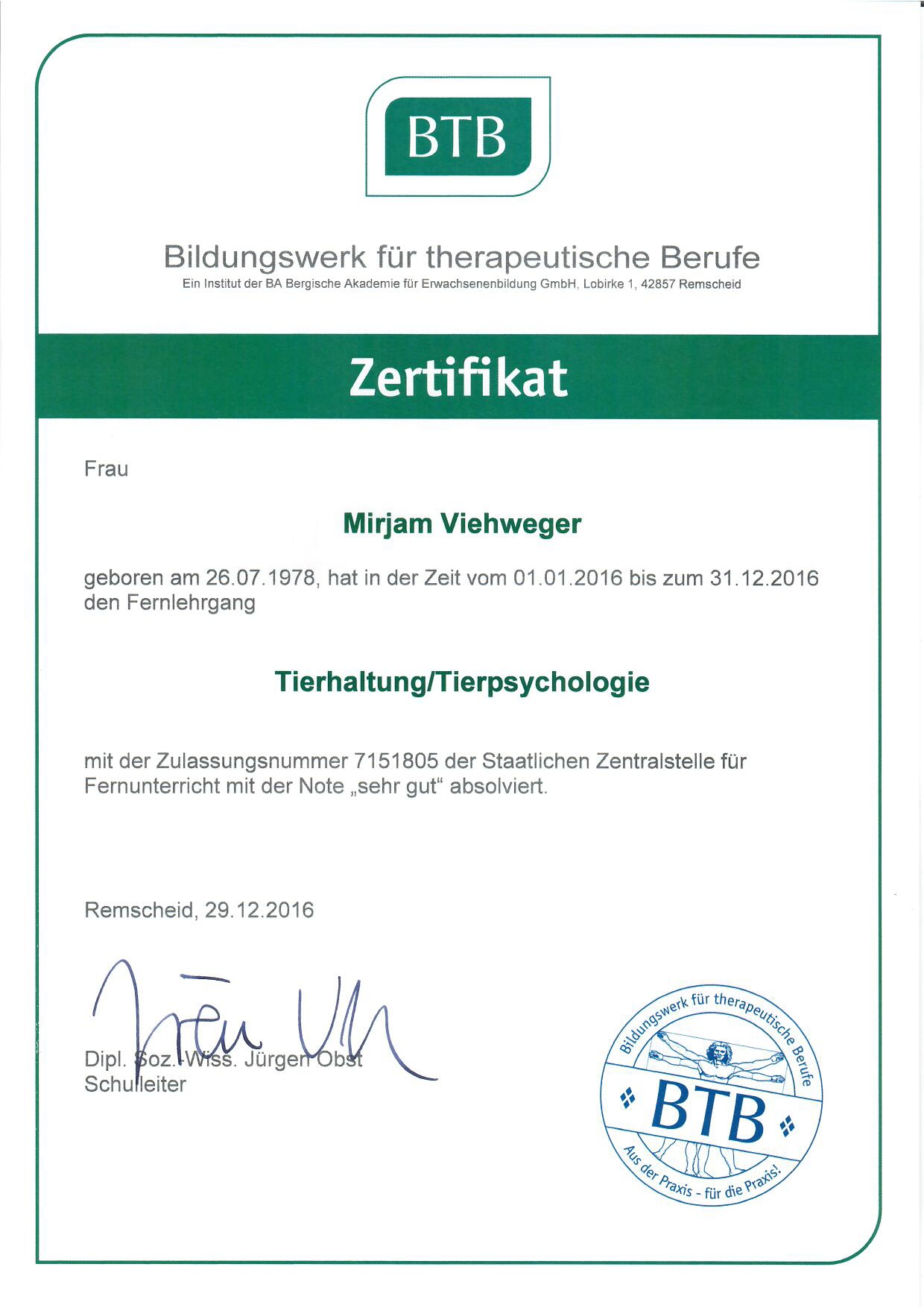 Zertifikat: Tierhaltung/Tierpsychologie