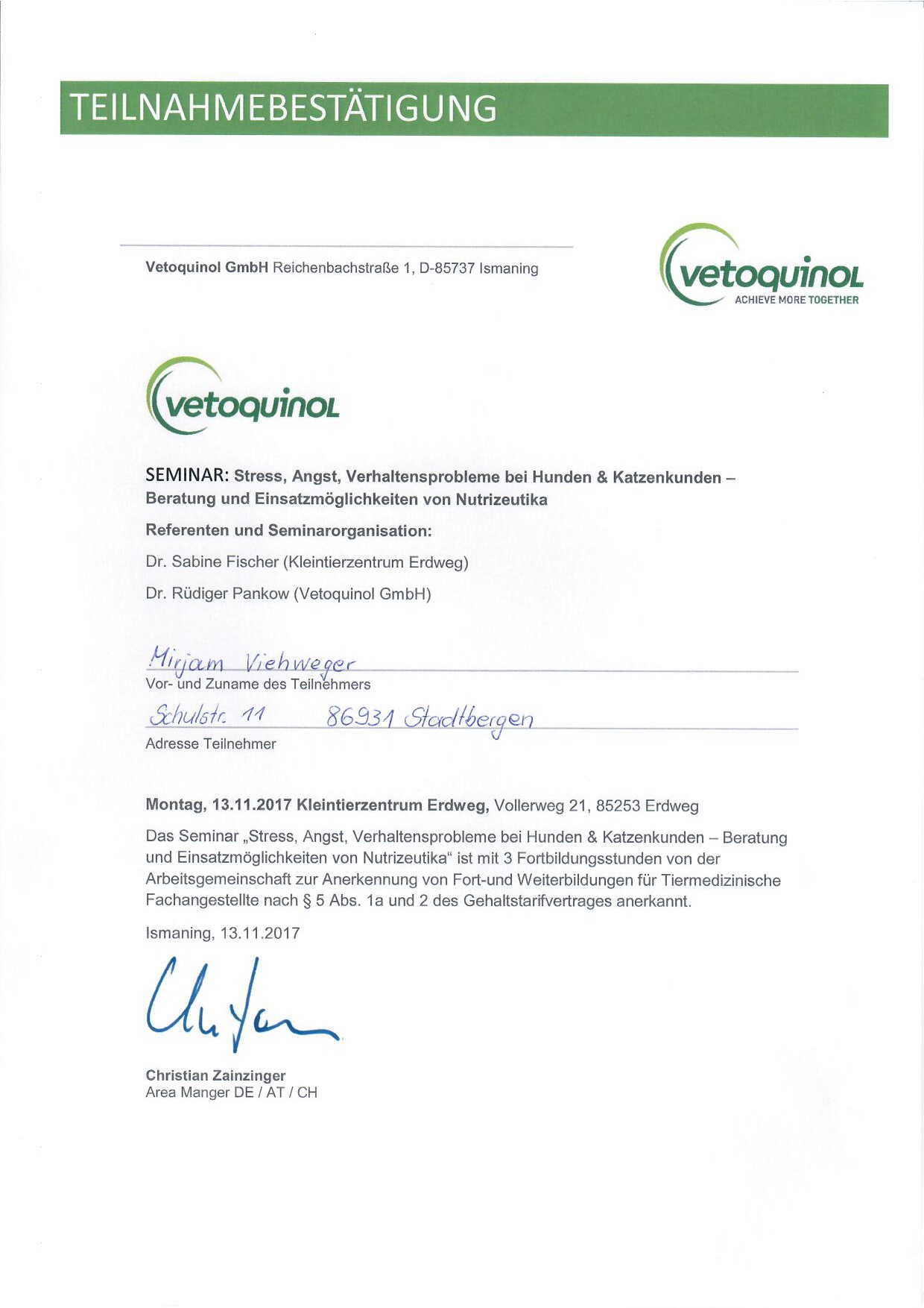 Zertifikat: Stress, Angst, Verhaltensprobleme bei Hunden und Katzen